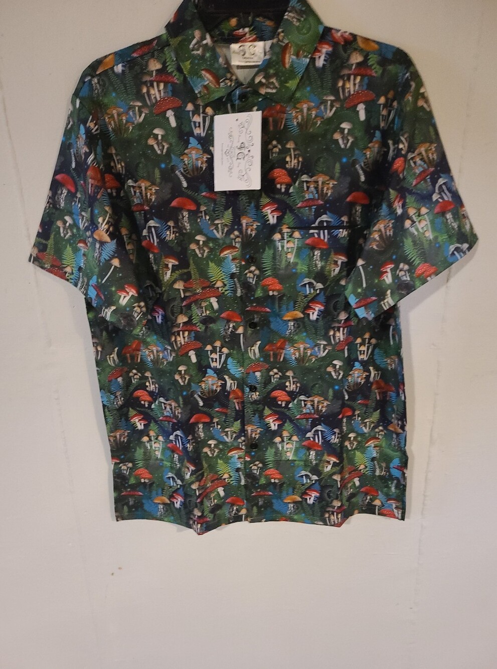 Mushroom Print Short Sleeve Camp Shirt - Green Multi Funny Guy Creations